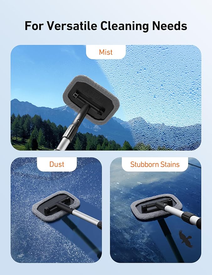 AstroAI Windshield Cleaner Tool, Microfiber Car Window Cleaner with 4 Reusable and Washable Microfiber Pads and Extendable Handle Auto Inside Glass Wiper Kit, Gray