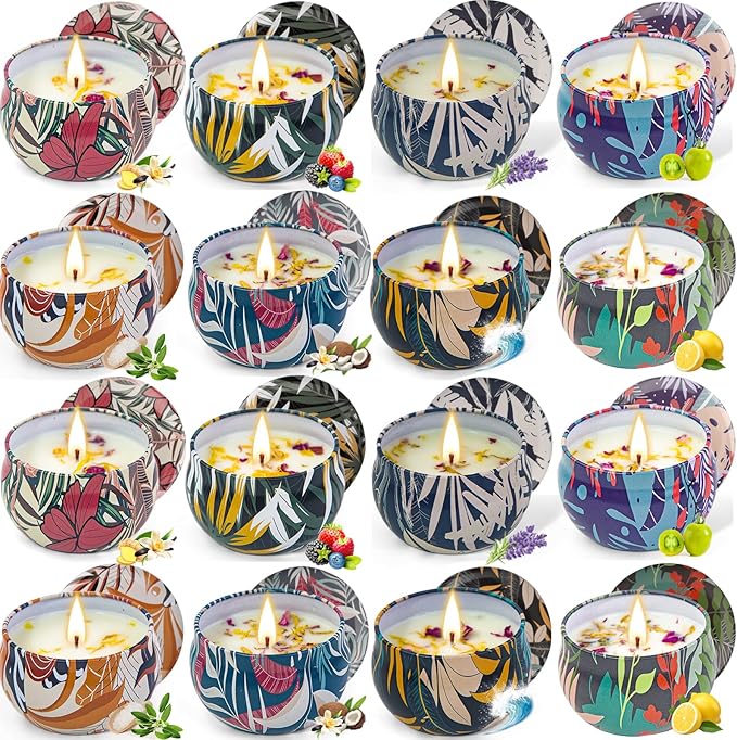 16 Pack Soy Wax Scented Candle Gift Set, Bulk Value Aromatherapy Candles with Fresh Green, Sea Salt & Sage, Coconut Vanilla, Lemon, Ocean Breeze, Vanilla, Lavender & Berry Scents – Gifts for Women