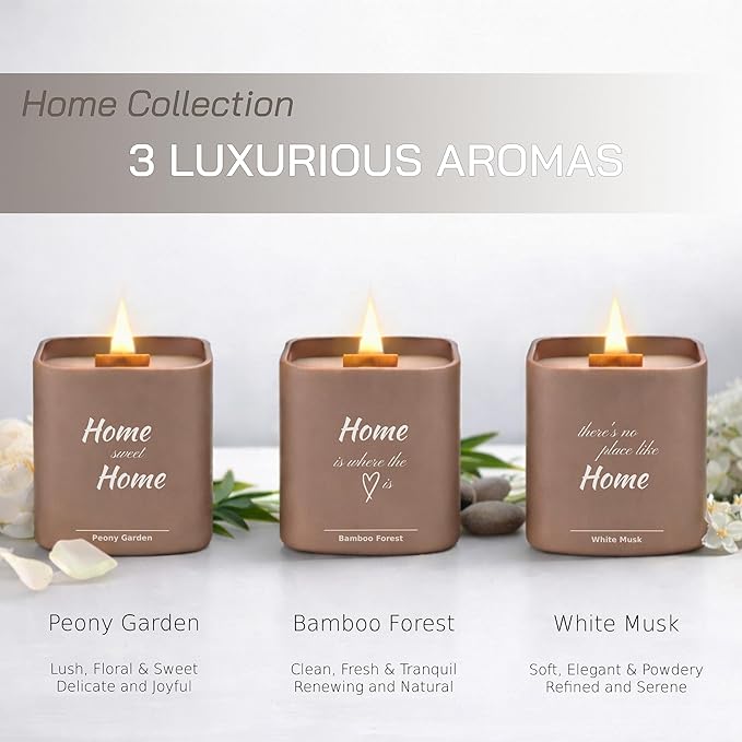 Set of 3 Premium Scented Soy Candles Gift Set | Home Collection – White Musk, Bamboo Forest & Peony Garden | Crackling Wood Wick | Luxurious Candles for Relaxation, Home Décor & Gifts | 9.8oz Each