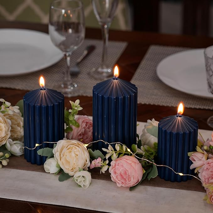 3 Pack Blue Ribbed Pillar Candles - Soy Wax Unscented, 2.76" x4.2/4.9/5.9 in Smokeless Non Toxic Cotton Wick, Aesthetic Modern Candles for Home Decor, Dinner Table, Living Room, Housewarming Gift