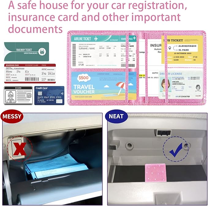 Car Registration and Insurance Holder, 5.5 x 5 Inch PU Leather Vehicle Glove Box Organizer Wallet Case Organizer for Insurance Card, Driver License, Essential Document, Paperwork Glitter Hot Pink