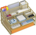 Docnest 3 Tier Mesh Desk Organizer for Paper Office Supplies – Multi-Functional Letter Tray with 5 Adjustable Compartments, 3 Pen Holders, Desktop Storage for Files, Mail, Stationery – Gold