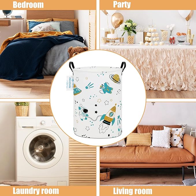 LANGYASHAN Storage Bin, Canvas Fabric Collapsible Organizer Basket for Laundry Hamper,Toy Bins,Gift Baskets, Bedroom, Clothes,Baby Nursery (Round space astronaut)
