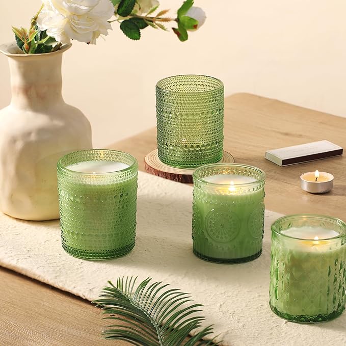 DARJEN 12 Pack Green Candle Jars for Making Candles- 3 Styles Glass Candle Making Jars Bulk with Bamboo Lids and Labels, Candle Making Supplies Candle Vessels for Home Decor