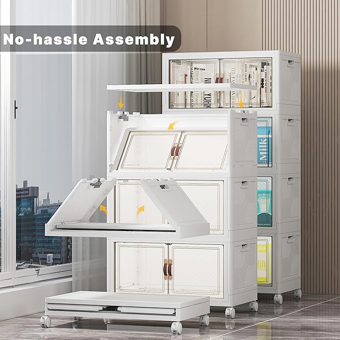 Stackable Storage Bins with Lids, 208QT Closet Organizers and Storage with Doors and Wheels, Extra Large Storage Cabinet, Collapsible Plastic Drawers for Bedroom Dorm Office Garage