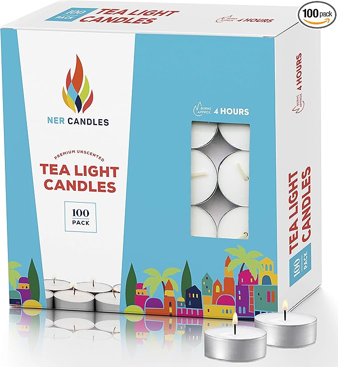 Tea Lights Candles - 4.5 Hour Burn Time - 100 Pack Bulk Candles - White Unscented - Travel Candles - Shabbat Candles - Long Burn Time