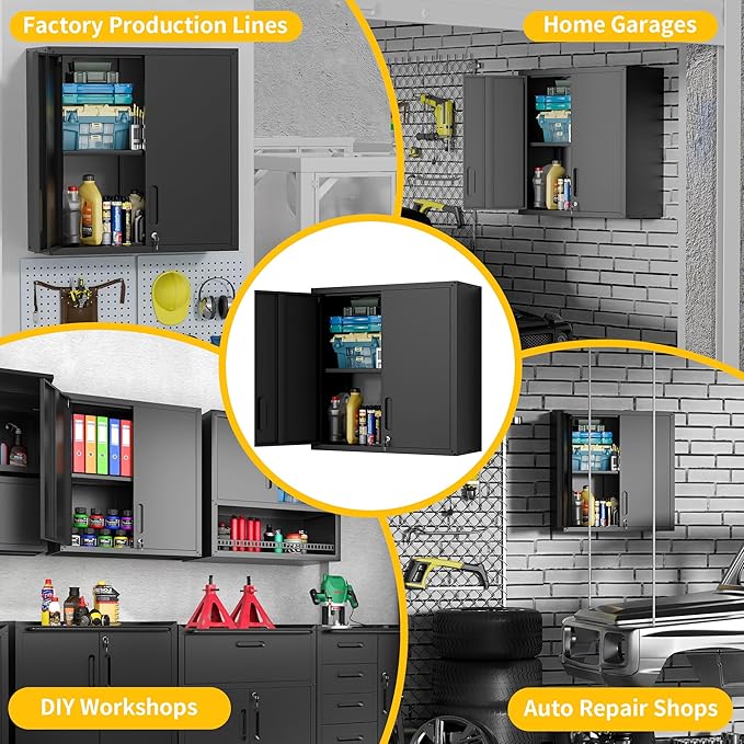 Garage Storage Cabinets Wall Mount, Locking Metal Wall Cabinets with Doors and Adjustable Shelves, Floating Hanging Storage Cabinet for Garage, Basement