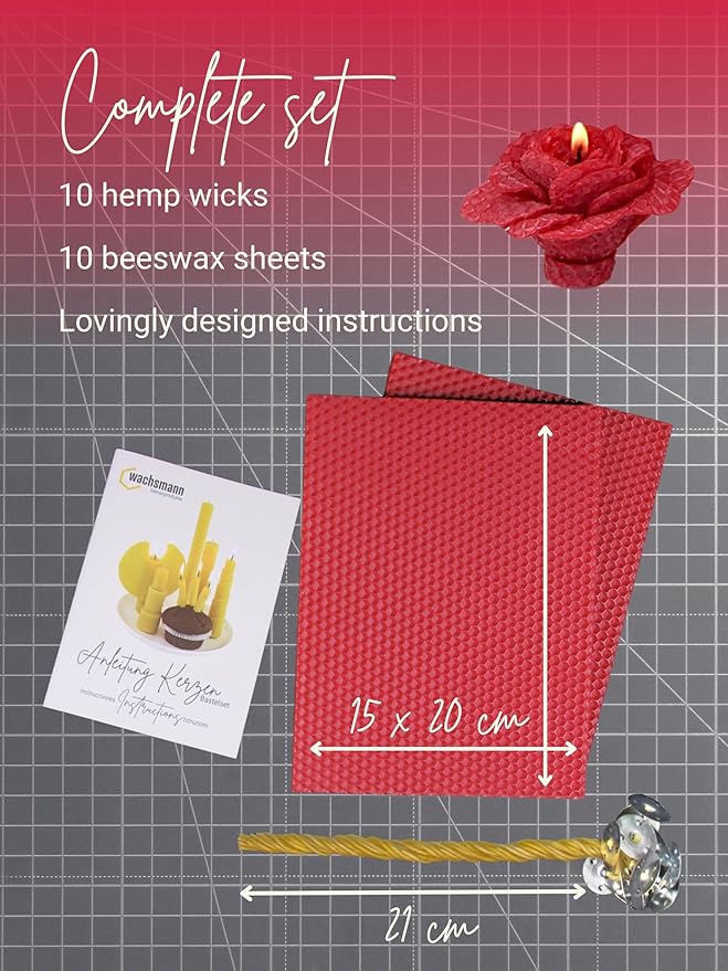 Wachsmann DIY Beeswax Candles Craft Set - Starter Set for 10 Candles in Many Colours - 100% Pure Beeswax from Germany, Includes 10 Hemp Wicks & Illustrated Instructions (English language not