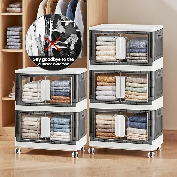 Folding Storage Organizer with Silent casters | Stackable Design for Home & Office, Heavy-Duty Plastic Storage Bin with Clear Door, 3 Sizes (19.5/23.5/27.5in),Black/White (19.7" 2 layer, White)