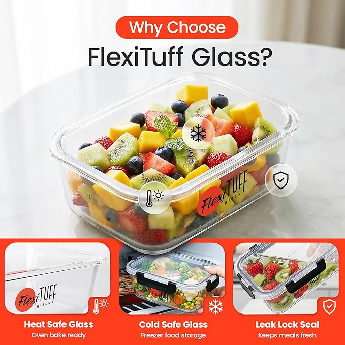 24pcs Set Food Storage Containers (12 Airtight & 12 Lids) | Glass Meal Prep Containers | Lunch Box | BPA Free, Leakproof Lids, Dishwasher, Microwave & Freezer Safe for Kitchen