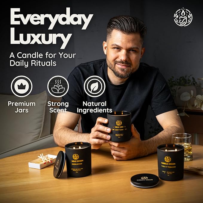 Mens Luxury Candles Gift Set – 3×10oz Masculine Scented Soy Wax Aromatherapy Candles – Sandalwood, Whiskey Tobacco, Mahogany Teakwood – Long Lasting, Non Toxic, Home, Office, Man Cave Decor