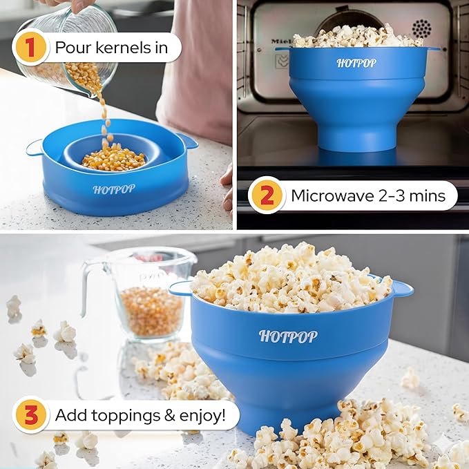 The Original Hotpop Microwave Popcorn Popper, Silicone Popcorn Maker, Collapsible Bowl BPA-Free and Dishwasher Safe- 20 Colors Available (Azure)