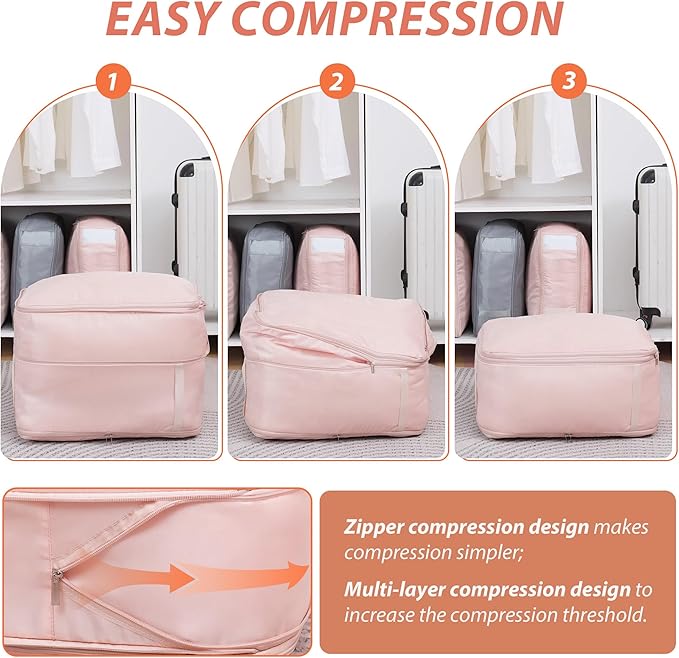 Veki Comforter Storage Bag, Space Saving Self Compression Foldable Blanket Storage Bags, Closet Organizer With Handle and VisualiZation Window, Large Capacity 130L for Bedding, Clothes (Pink, L)