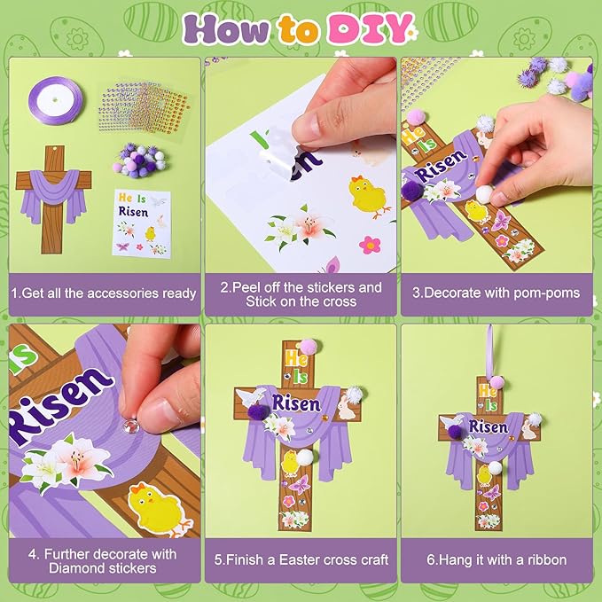 Funrous 48 Sets Easter Religious Crafts Bulk He is Risen Cross Paper Crafts DIY Easter Jesus Christian Hanging Ornaments Arts with Stickers Pompoms for Sunday School Vbs Classroom Spring Activities