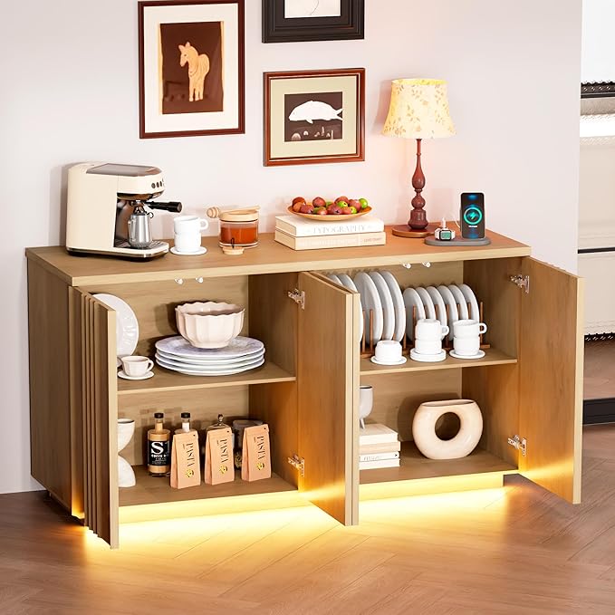 63'' Buffet Cabinet with Storage, Coffee Bar with 4 Doors & 2 Adjustable Shelves, Modern Sideboard Table with 3 Color LED Light for Kitchen (Wood)