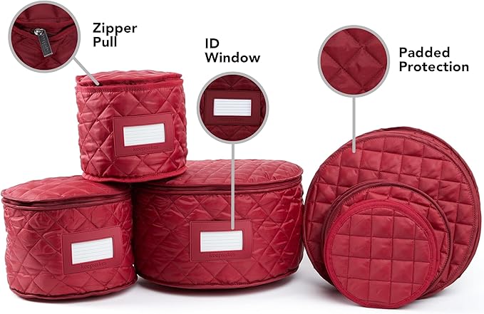 Covermates Keepsakes Dish Storage Set – Padded China & Dinnerware Storage Cases with Dividers, Cup & Stemware Storage, Quilted Polyester Protection, ID Window, Red