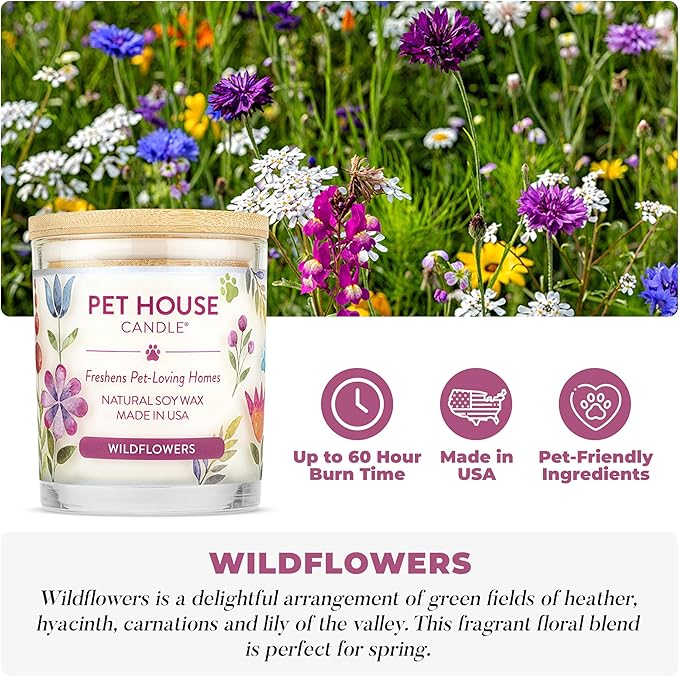 Pet House Candles, Plant-Based Long Lasting, Clean Burning Scented Pet Odor Candles, 60 Hour Burn Time - Wildflowers, 9 oz
