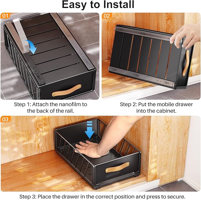 Pull out Cabinet Organizer,Heavy Duty Slide out Pantry Shelves Drawer Storage with Adhesive Nano Film,Sliding Mesh Cabinet Basket with Handle for Kitchen, Bathroom, Home, 13.8"W X 15.7"D X 6.2"H,Black