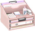 Desk File Organizer, Paper Organizer with 4 Letter Trays and 2 Vertical Upright Sections, Desk Organizers and Accessories for Office, School, Home (Pink)