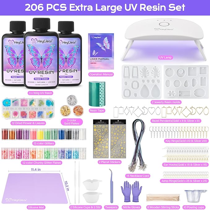 HeyClear UV Resin Molds Jewelry Making Kit with Light -300g Super Clear, Hard, Low Odor, Premixed and Fast Curing for Keychains, Earrings, DIY Craft Decorations