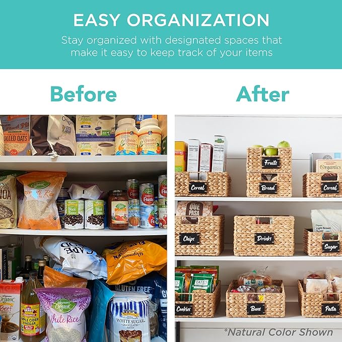 Best Choice Products Set of 4 16x12in Large Water Hyacinth Pantry Baskets, Woven Organizers w/Chalkboard Label, Chalk Marker - Chestnut
