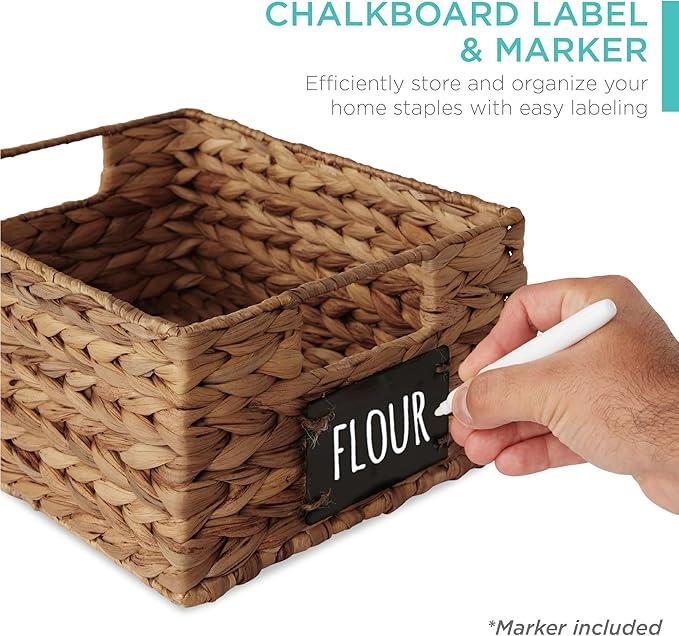Best Choice Products Set of 4 9x12in Water Hyacinth Pantry Baskets, Woven Organizers w/Chalkboard Label, Chalk Marker - Chestnut