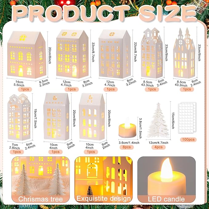 Reallnaive 20 Pcs Large 8" Christmas Cardboard Village Houses Set Xmas DIY Village Houses with LED Candle Paper Home and Tree Figurine Scene Desktop Ornament for Home Party Decor(Retro,White)