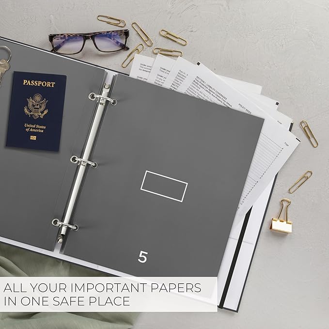 Sturdy Document Organizer Set with Folders - Beautiful Linen 3-Ring Binder Safely Stores All Important Documents & Files in One Place - Easy to Use Expanding Storage Incl. Envelopes, Pockets & Labels