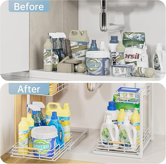 Delamu Under Sink Organizer, Height Adjustable Under Sink Organizers and Storage, Slide Out Under Sink Storage Shelf for Kitchen Bathroom Pantry Cabinet