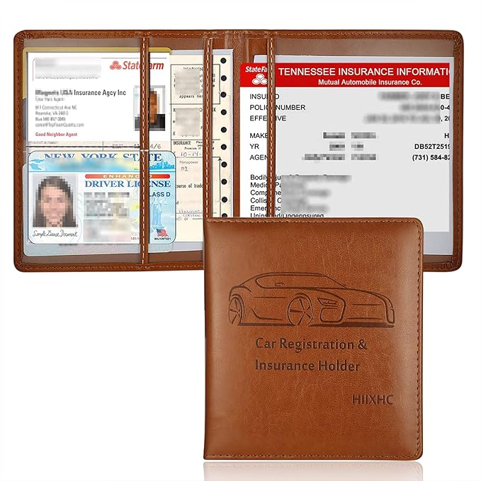 Car Registration and Insurance Holder, 5.5 x 5 Inch PU Leather Vehicle Glove Box Organizer Wallet Case Organizer for Insurance Card, Driver License, Essential Document, Paperwork