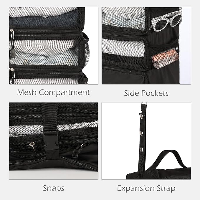 TABITORA Travel Luggage Organizer Hanging Packing Cubes Portable Hanging Shelves Carry on Closet for Suitcase with 2 Hooks,Collapsible(Black,S)
