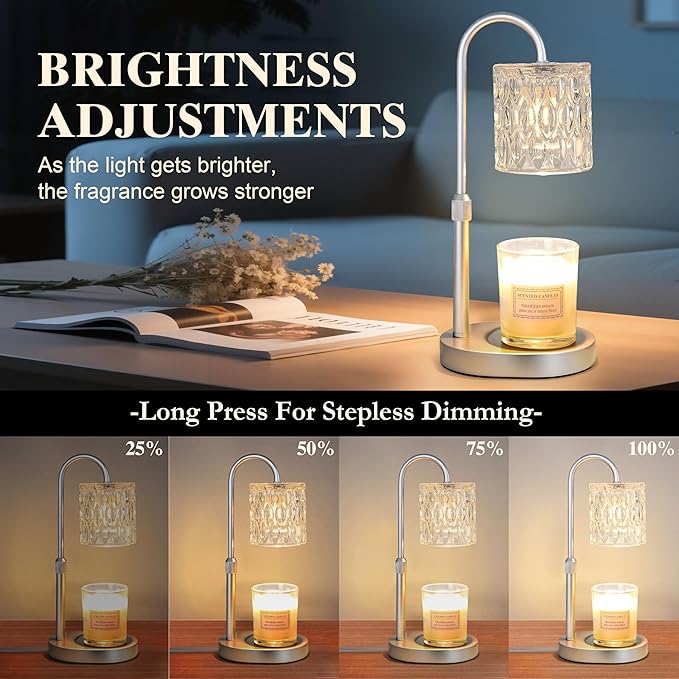 Dreamholder Electric Candle Warmer Lamp with Timer & Dimmer, Adjustable Height Wax Melt Warmer for Jar Candles, Wood Base Candle Melter, Floral Home Decor Gifts for Women, Mom, Silver Glass
