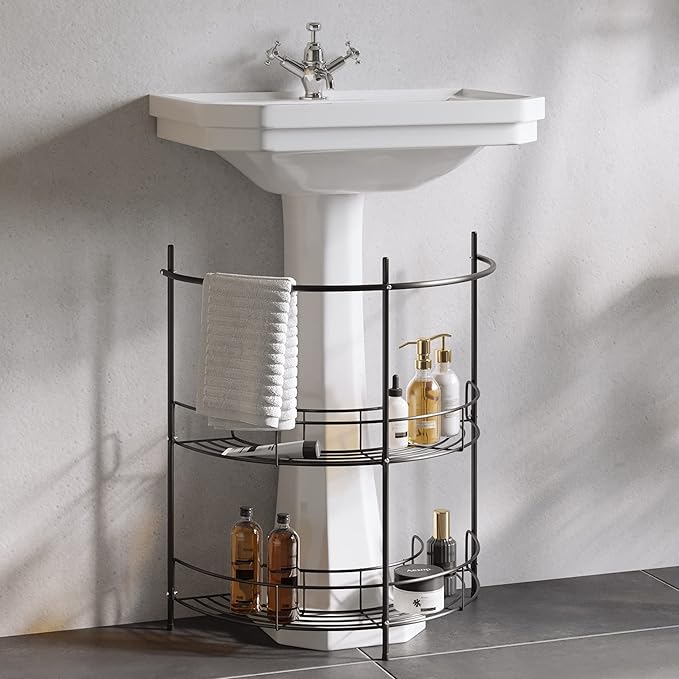 Pedestal Sink Organizer - Compact Under Sink Rack with 2 Storage Shelves and Towel Holder - Space Saving Bathroom Storage by Lavish Home (Black)