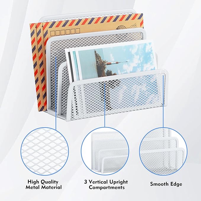 EASEPRES Desk Mail Organizer, Office Small Desktop Metal Mesh Envelope Letter Sorter Paper File Holder Organizer with 3 Vertical Upright Compartments, White 2 Pack