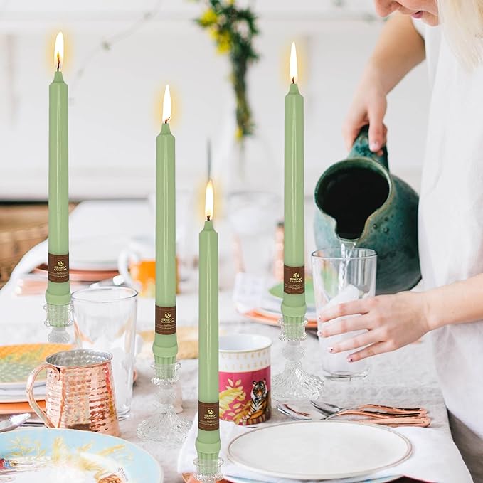 Green Taper Candle 10 Inch Long Candlesticks Unscented Dripless Tapered Candle Set for Home Decor Wedding Party Dinner Candles, 4 Pack