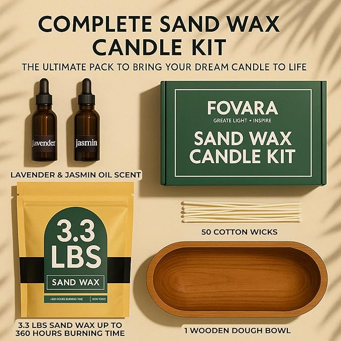 Fovara - Pearled Sand Candles with Wicks, 3.3 lbs - Sand Wax Candle Kit: Wooden Dough Bowl,50 Wicks, Jasmine & Lavender Scented Oil - Long-Lasting Candle Beads, Non-Toxic, Reusable Candles - Black