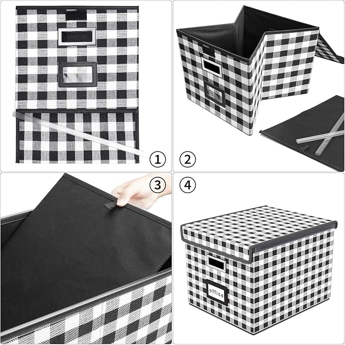 Huolewa File Organizer Box with Lid, Collapsible File Folder Organizer for Office Document Storage, Filing Box with Plastic Slide for Letter Size Hanging File Folders(1 Pack, Black & White Lattice)
