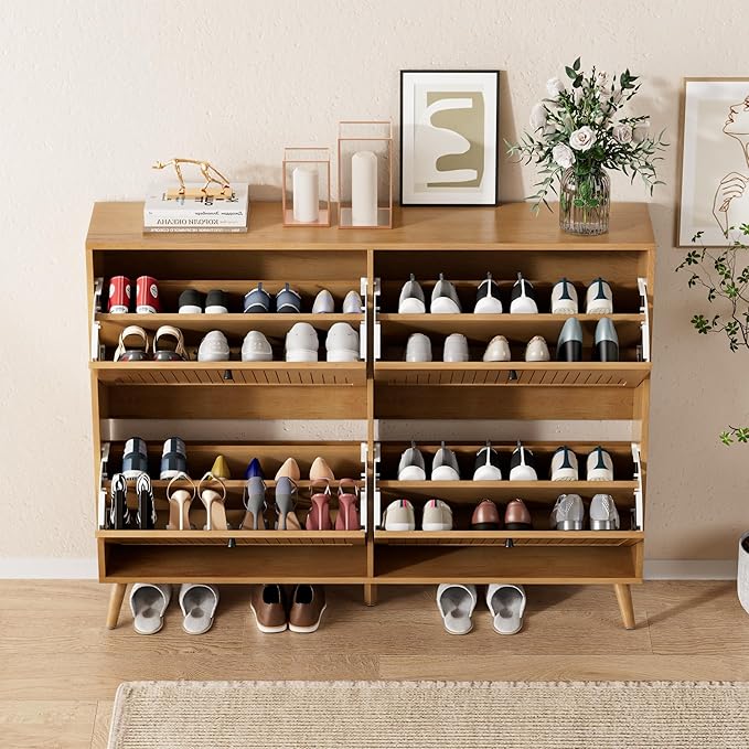 Fsbecl Shoe Storage Cabinet for Entryway with 4 Flip Drawers, Narrow Shoe Organizer with Fluted Panel, Freestanding Wood Hidden Shoe Cabinet (Wood Color, 4 Flip Drawers)