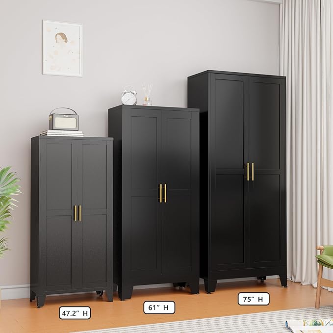 Ckzbx Black Metal Cabinets with Doors and Shelves,47.25" H Storage Cabinet White Pantry Cabinet Garage Cabinets for Kitchen,Living Room,Dinning Room