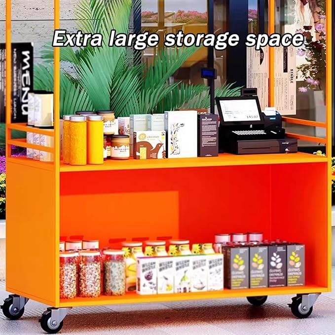 JKGHK Vending Iron Cart with Canopy, 4-Wheel Portable Mobile Dining Market Stall, Outdoor Dining Carts Market Stall, for Street Food, Handicrafts, Snacks(Red,100cm/39.3in)