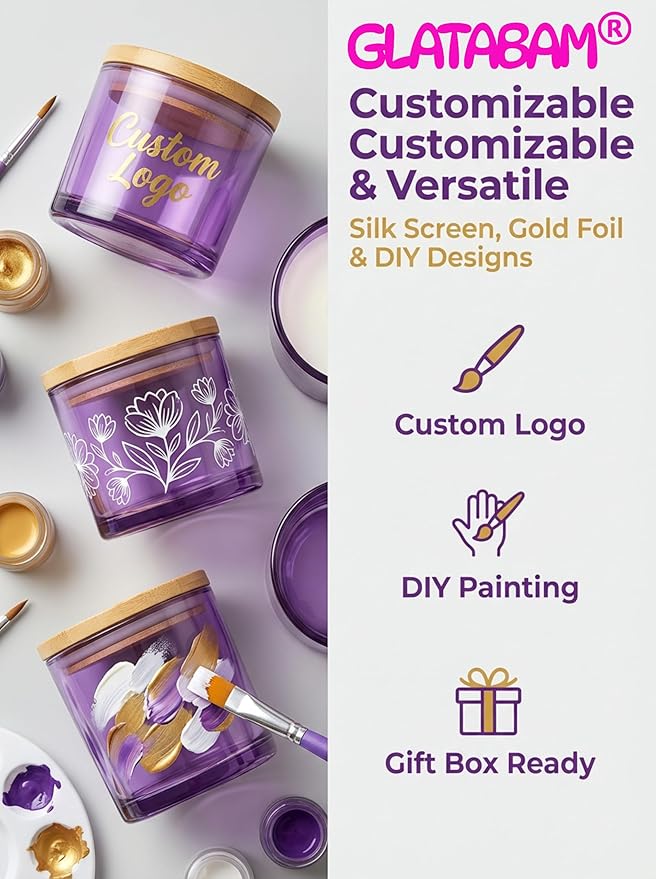 GLATABAM 4 OZ Candle Jars 12 Pack - Bulk Glass Candle Making Jars with Bamboo Lids & Labels, Heat Resistant Empty Reusable Candle Vessel for Containers(Purple)