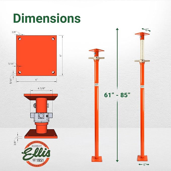 Ellis Manufacturing Light-Duty Steel Construction Jack - Adjustable Screw Jack Post for Floor Leveling, Beams, and Concrete - 8,000 lb Load Capacity - 61"-85" Adjustment, House Jacks for Leveling