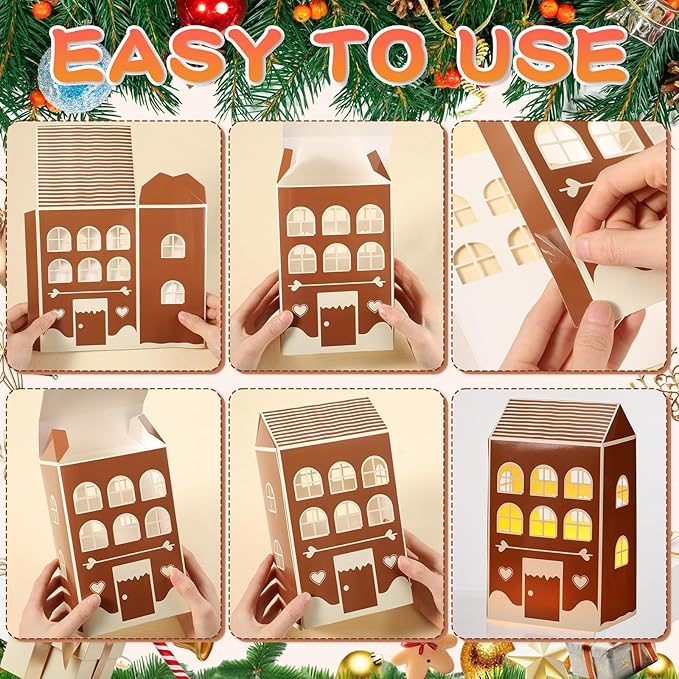 Reallnaive 20 Pcs Large 8" Christmas Cardboard Village Houses Set Xmas DIY Village Houses with LED Candle Paper Home and Tree Figurine Scene Desktop Ornament for Home Party Decor(Gingerbread,Brown)