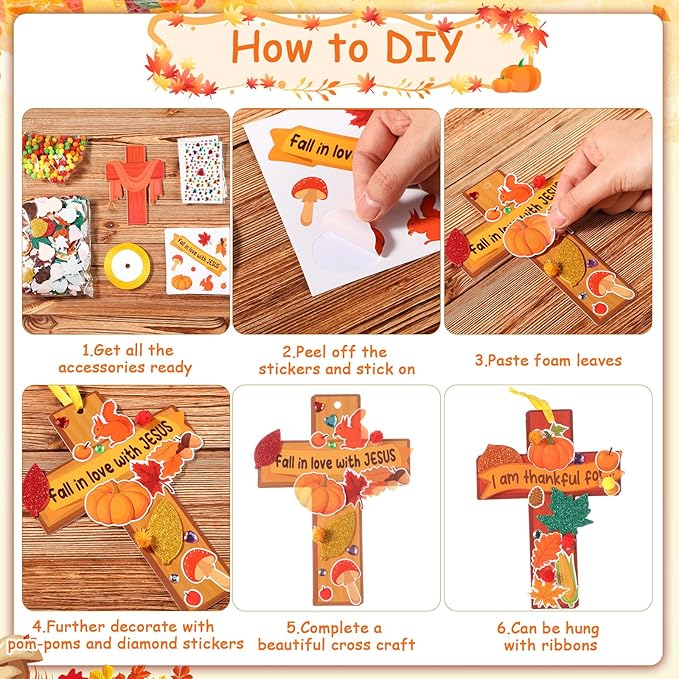 Funrous 48 Sets Fall Christian Kit Bulk Thanksgiving Cross Paper Crafts Religious Jesus Blessing Hanging Ornaments with Glitter Leaf Pompoms Stickers for Sunday School Classroom Activity Church