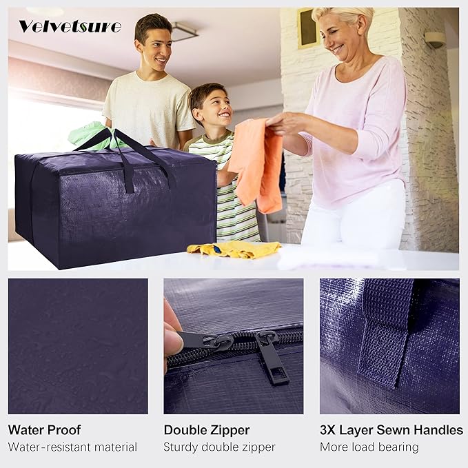 VELVETSURE 12 Pack Heavy Duty Extra Large Moving Bags W/Backpack Straps - Strong Handles & Zippers, Storage Totes For Space Saving, Fold Flat, Alternative to Moving Box and Storage Bin, Blue