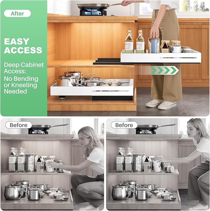 Pull out Cabinet Organizer, Expandable Width(14"-24"), Depth(13"-24") with 3 Rails, Slide Out Drawers With Raising Pad for Framed Cabinets, Fixed with Adhesive Film for Cabinets in Kitchen, White