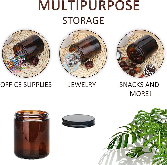 MILIVIXAY 12 Pack 8 OZ Thick Glass Dark Amber Candle Jars with All Black Metal Lids-Bulk Empty Candle Jars for Making Candles-Canning Jar for Spice, Liquid, Sample- Dishwasher Safe.
