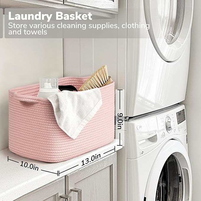 Goodpick Pink Storage Baskets for Organizing, Woven Rope Baskets for Shelves, Baby Basket for Nursery, Toy Storage Bins, Decorative Empty Gift Basket, 13" x 10" x 9"