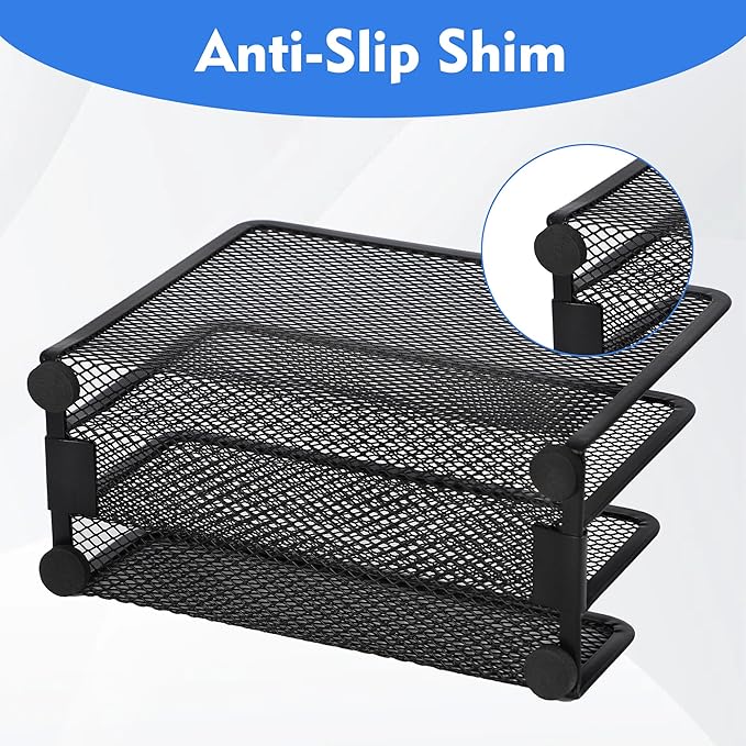 EASEPRES Desk Mail Organizer, Office Small Desktop Metal Mesh Envelope Letter Sorter Paper File Holder Organizer with 3 Vertical Upright Compartments, Black 2 Pack