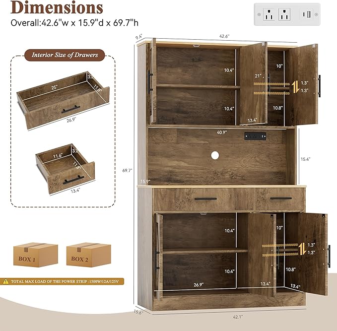 Vongrasig Farmhouse Pantry Cabinet with Charging Station, Tall Kitchen Pantry with Microwave Stand, Storage Drawers & Shelves, Large Kitchen Hutch for Living Room, Dining Room, Rustic Brown